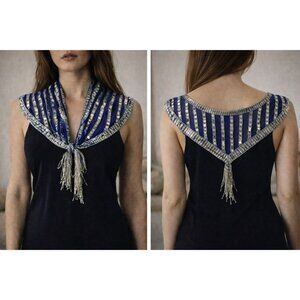 Blue Mesh Silver Sequin Glass Beaded Triangle Shawl Wrap Fringe 23"